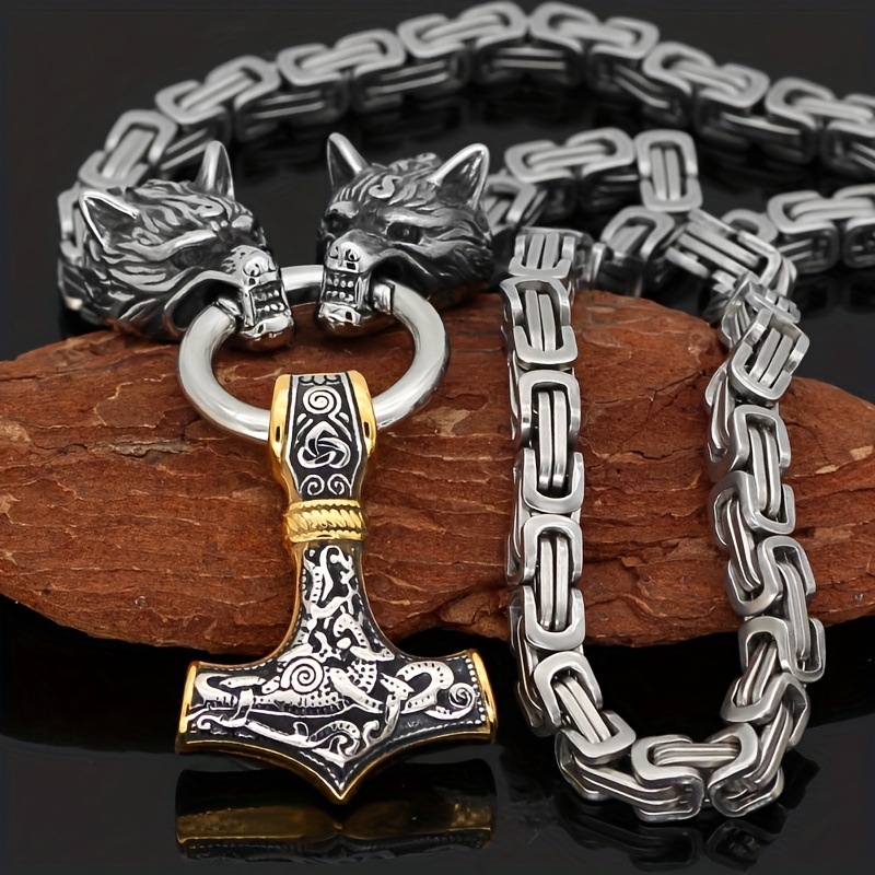 Men's Stainless Steel Wolf Head Pendant Viking Amulet Necklace
